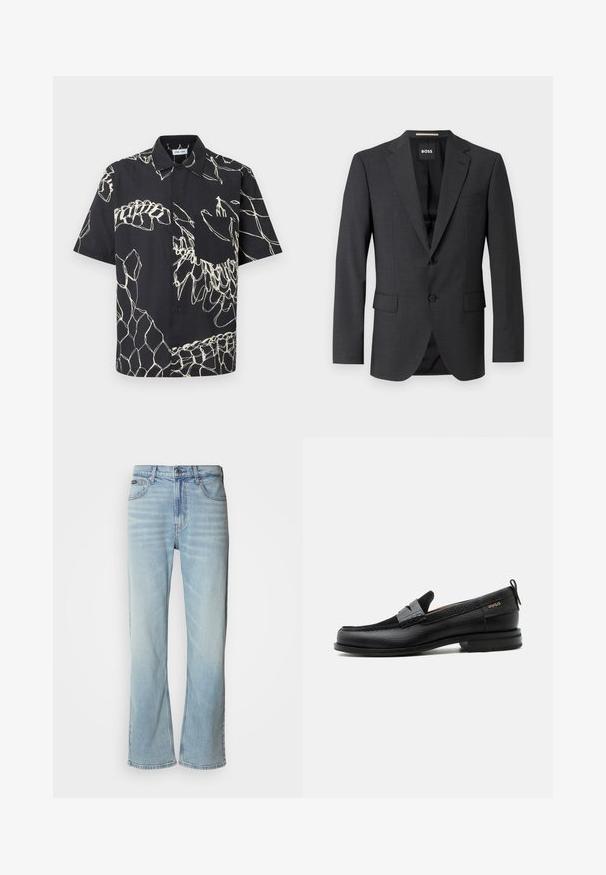 Mørkegrå blazer med klassisk notch-lapel, to forlommer, enkeltknaplukning og subtilt tekstureret stof. Indersiden er sort.; Sort kortærmet skjorte med knapper, hvide abstrakte linjemønstre og en brystlomme på en ensfarvet baggrund.; Lyseblå denimjeans med lige ben, der har fem lommer, knaplukning og en subtil falmning på stoffet.; Sort læderloafer med grå remdetalje, lav hæl og tekstureret sål, mærket med "HUGO" i guld på siden.