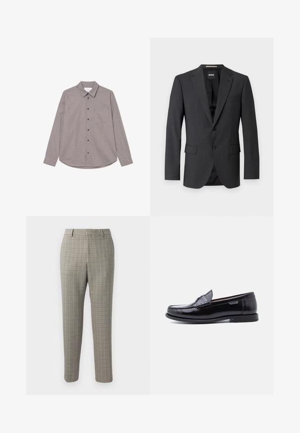 Mørkegrå blazer med klassisk notch-lapel, to forlommer, enkeltknaplukning og subtilt tekstureret stof. Indersiden er sort.; Langærmet skjorte med knaplukning i brune og beige tern. Har en krave, en brystlomme og sorte knapper langs fronten.; Bukser i en lys beige stof med et ternet mønster i mørkebrun og marineblå, med lige snit og standart talje.; Sorte læderloafer med en blank finish, der har et syet mønster på tåen og en lav, tekstureret sort gummisål.