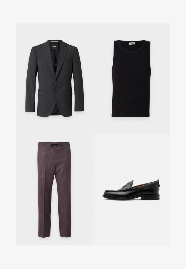 Mørkegrå blazer med klassisk notch-lapel, to forlommer, enkeltknaplukning og subtilt tekstureret stof. Indersiden er sort.; Sort sansædet tanktop lavet af blød bomuld. Har en rund halsudskæring og lige pasform, med minimal syningdetalje.; Elastisk taljebukser i mørk lilla med lodrette striber og subtile trykte detaljer. Let materiale med en afslappet pasform.; Sort læder herre loafer med moc-tå syning, penny strop, struktureret krave og lav stablet hæl på hvid baggrund.