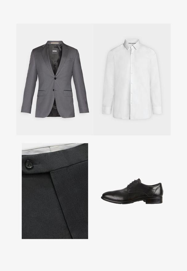 Grauer maßgeschneiderter Blazer mit Reverskragen, zwei Vorderaschen, Ein-Knopf-Verschluss und schwarzer Fütterung mit einem dezenten Muster.; Weißes Hemd mit langen Ärmeln, ausgestelltem Kragen und geknöpften Manschetten, frontal auf hellgrauem Hintergrund dargestellt.; Schwarze maßgeschneiderte Hosen aus glattem Stoff, mit Knopfdetails am Bund und einem gefalteten Design für eine strukturierte Form.; Schwarze Leder-Dressschuhe mit glatter Oberfläche, runder Zehenform, Schnürdesign und niedrigem, gestapeltem Absatz. Dezente Nähte sind sichtbar.