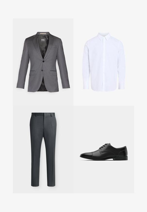 Blazer ajusté gris avec un col cranté, deux poches avant, fermeture à un bouton et doublure noire présentant un motif subtil.; Chemise blanche à manches longues avec col classique, en tissu lisse, avec une patte de boutonnage devant et un ourlet arrondi.; Pantalon formel gris foncé avec passants de ceinture et plis, affiché sur un fond clair uni.; Chaussure habillée en cuir noir avec un bout arrondi, texture lisse, six œillets et une semelle noire basse. Présente une couture discrète sur le bout.