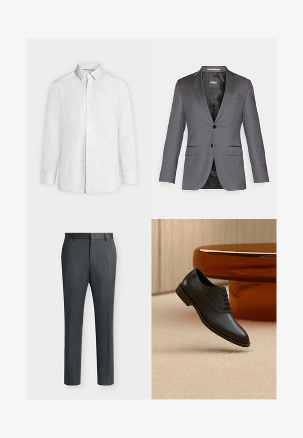 Grauer maßgeschneiderter Blazer mit Reverskragen, zwei Vorderaschen, Ein-Knopf-Verschluss und schwarzer Fütterung mit einem dezenten Muster.; Weißes Hemd mit langen Ärmeln, ausgestelltem Kragen und geknöpften Manschetten, frontal auf hellgrauem Hintergrund dargestellt.; Dunkelgraue formelle Hose mit Gürtelschlaufen und Bügelfalten, auf einem schlichten hellen Hintergrund gezeigt.; Schwarzer polierter Lederschnürschuh über beigem Teppich schwebend, mit großem rundem bernsteinfarbenem Glastisch im Hintergrund.