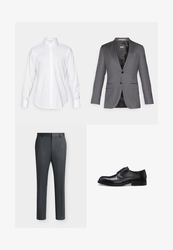 Grå skræddersyet blazer med spids revers, to forlommer, enkelt knappelukning og sort foret med et subtilt mønster.; Hvid langærmet skjorte med knaplukning, klassisk krave, glat stof og frontplacket med lette, rundede knapper.; Mørkegrå formelle bukser med bæltestropper og pressekiler, vist på en ensfarvet lys baggrund.; Sort poleret læder herresko med lukket snøresystem, lav hæl og diskret mærkedetalje nær hælen på hvid baggrund.