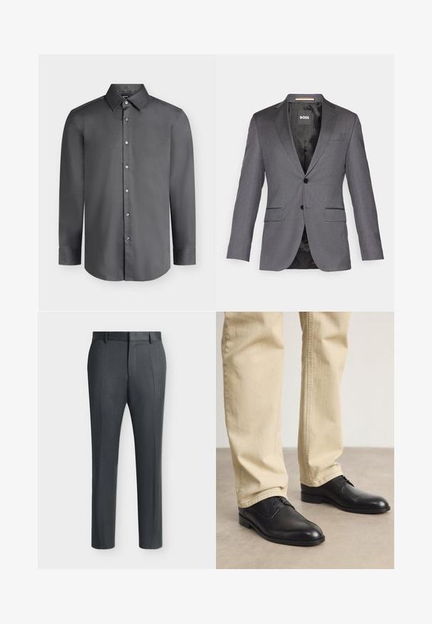Grå skræddersyet blazer med spids revers, to forlommer, enkelt knappelukning og sort foret med et subtilt mønster.; Mørkegrå langærmet herreskjorte med spids krave og knapper foran, vist på en lysegrå baggrund.; Mørkegrå formelle bukser med bæltestropper og pressekiler, vist på en ensfarvet lys baggrund.; Sorte læder snørebåndssko med rund tå, glat finish og diskrete syninger, båret med lyse beige bukser.