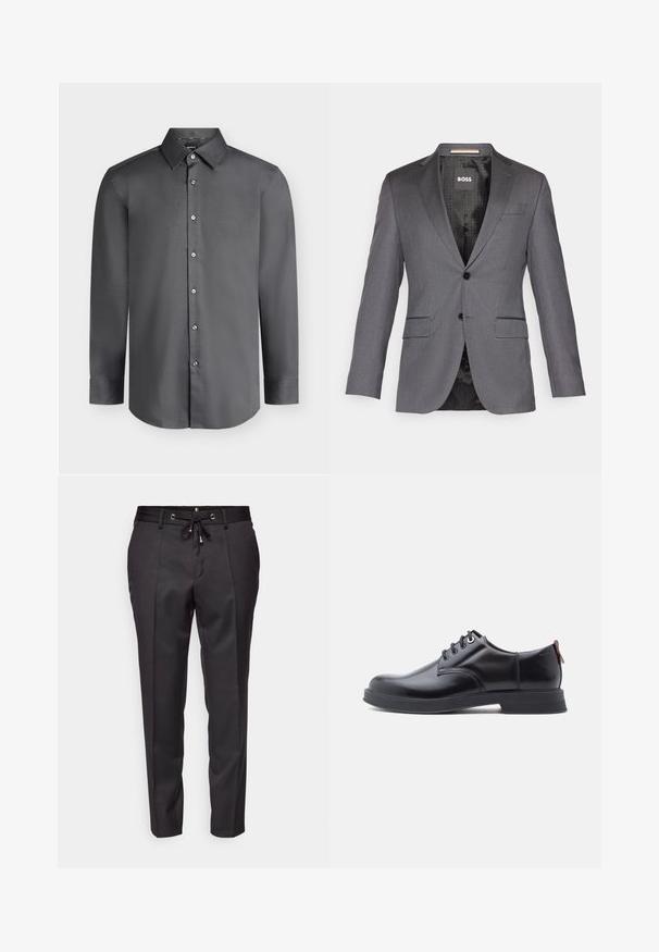 Grijze getailleerde blazer met een notch revers, twee voorkruiken, een enkele knoopsluiting en zwarte voering met een subtiel patroon.; Donkergrijs herenoverhemd met lange mouwen, puntkraag en knopen aan de voorkant, afgebeeld op een lichtgrijze achtergrond.; Zwarte op maat gemaakte broek met een elastische tailleband, geplooide voorkant en omgeslagen randen. Gemaakt van een gladde stof met een gestructureerde pasvorm.; Zwarte leren veter schoenen met een gladde textuur, ronde neus en subtiel stiksel detail. Voorzien van een rode trekband op de hiel.