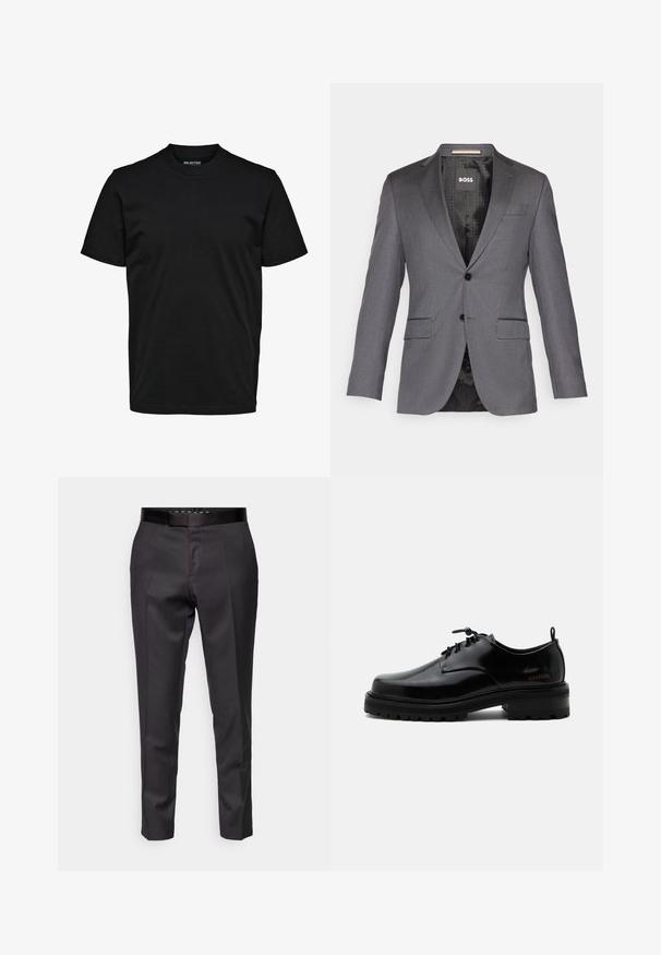 Grå skræddersyet blazer med spids revers, to forlommer, enkelt knappelukning og sort foret med et subtilt mønster.; Simpel sort T-shirt med korte ærmer, rund hals og almindelig pasform uden synlige mønstre eller logoer.; Skræddersyede sorte bukser med en glat tekstur, smalle ben og en slank talje. Har frontfolder og et minimalistisk design.; Sort poleret læder snørestøvle med tyk gummisål og lav hæl, sideskilt med mærketekst "SAMSOE" og bageste træksnor.
