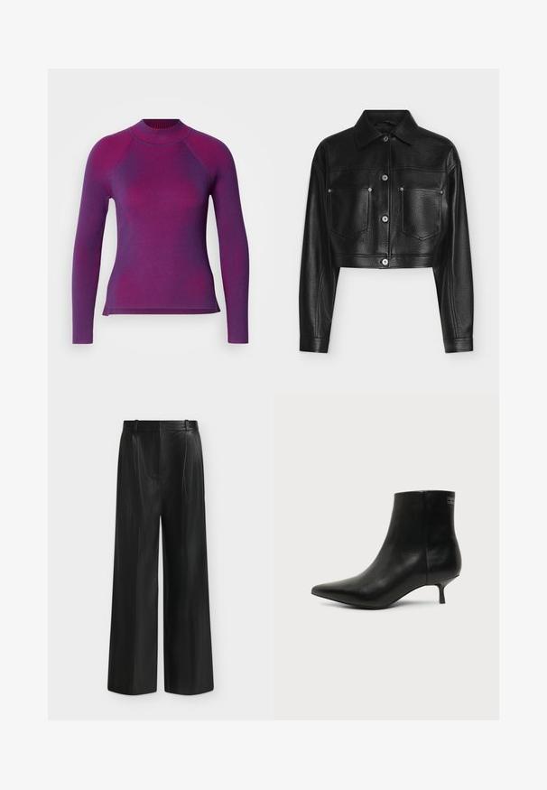Veste en cuir noire raccourcie avec manches longues, fermeture par boutons, col pointu et deux poches poitrine avant sur fond blanc.; Top à manches longues côtelé en violet foncé avec des rayures violet plus clair. Encolure haute et design à ourlet fendu pour faciliter le mouvement.; Pantalon noir à jambes larges en simili cuir, taille haute et détail de ceinture sur le côté, sur fond gris clair.; Bottine en cuir noir avec bout pointu et petit talon kitten sur fond clair, vue côté extérieur.