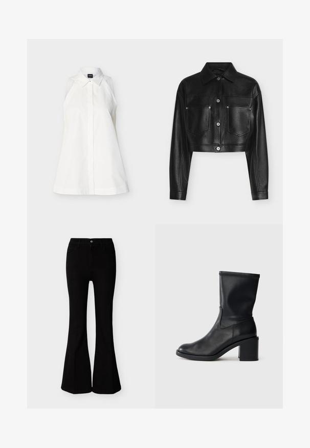 Veste en cuir noire raccourcie avec manches longues, fermeture par boutons, col pointu et deux poches poitrine avant sur fond blanc.; Chemise blanche sans manches avec col, boutons cachés sur le devant, coupe cintrée et étiquette de la marque à l'intérieur du col.; Jean évasé noir taille haute avec fermeture à boutons et fermeture éclair, poches avant, cintré au niveau des hanches et des cuisses.; Botte en cuir noir à cheville avec un bout rond, texture lisse et un talon épais, présentant un tige ajustée et un subtil détail de couture.