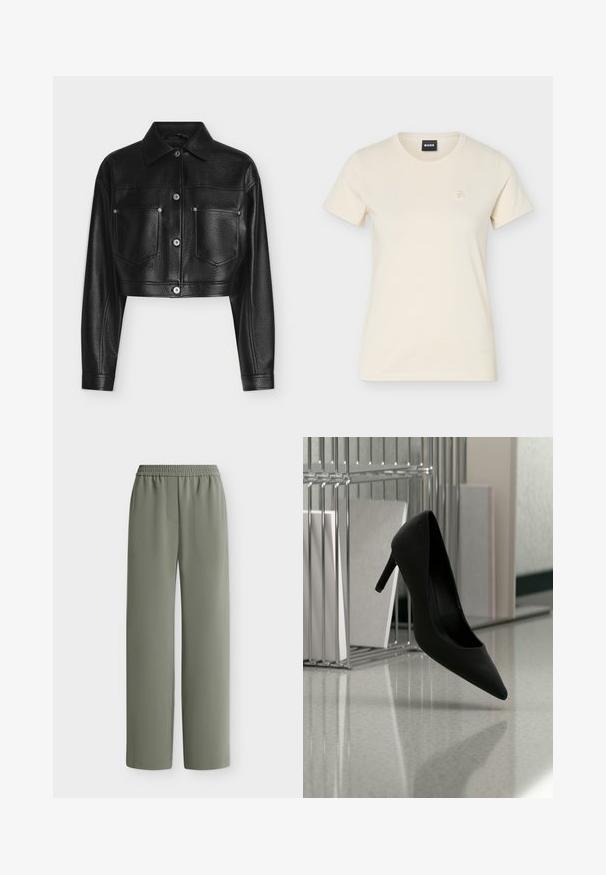 Veste en cuir noire raccourcie avec manches longues, fermeture par boutons, col pointu et deux poches poitrine avant sur fond blanc.; T-shirt à manches courtes couleur crème, col rond, avec petit logo brodé sur le côté gauche de la poitrine et étiquette noire "BOSS" à l'intérieur du col.; Pantalon ample vert olive avec taille élastique et tissu lisse, montré à plat sur fond blanc.; Chaussure noire à talons hauts équilibrée sur son talon sur un comptoir réfléchissant près de porte-dossiers métalliques avec des dossiers blancs.