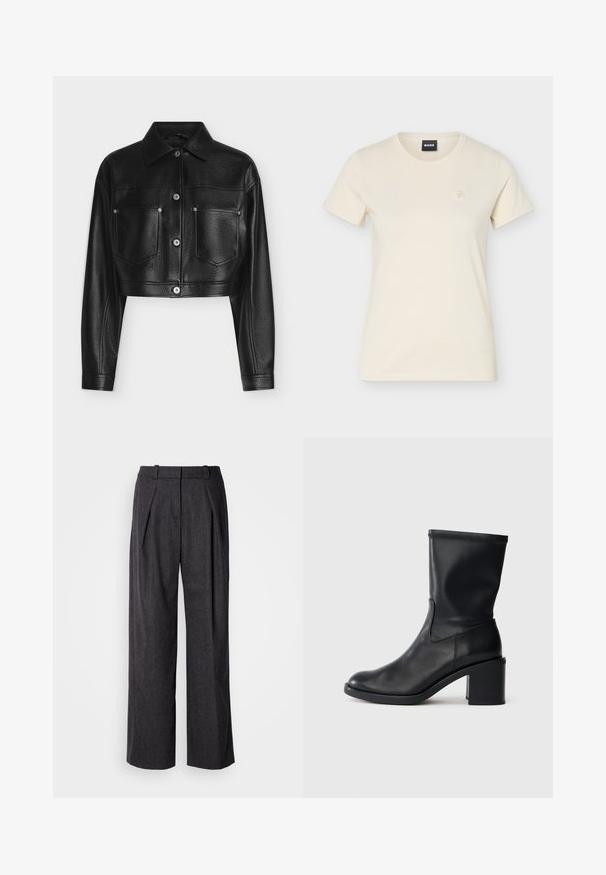 Zwarte cropped leren jas met lange mouwen, knoopsluiting, puntkraag en twee voorzakken op de borst tegen een witte achtergrond.; Roomkleurig T-shirt met korte mouwen en een ronde hals, met een klein geborduurd logo op de linkerborst en een zwart "BOSS"-label aan de binnenkant van de kraag.; Donkergrijze wijde broek met een gestructureerde stof, voorzien van voorplooien en een klassiek taillebandontwerp. Geen zichtbare zakken.; Zwarte leren enkellaars met een ronde neus, een gladde textuur en een chunky hak, met een strak schacht en subtiele stiksels.