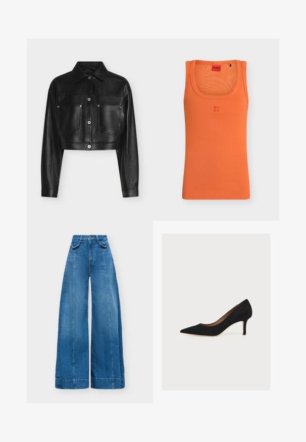 Veste en cuir noire raccourcie avec manches longues, fermeture par boutons, col pointu et deux poches poitrine avant sur fond blanc.; Débardeur orange sans manches avec le logo "HUGO" brodé au centre de la poitrine en fil assorti.; Pantalon en jean bleu à jambes larges, taille haute, bouton à l'avant, fermeture éclair et petites poches à rabat de chaque côté de la ceinture.; Escarpin en daim noir à bout pointu, talon aiguille de hauteur moyenne et semelle intérieure beige sur fond clair.