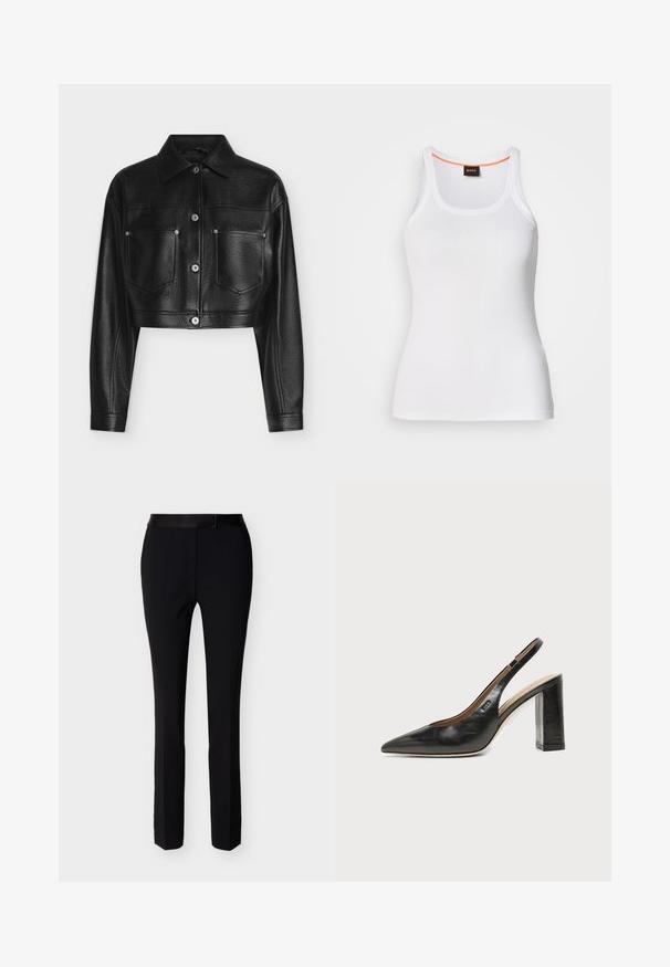 Veste en cuir noire raccourcie avec manches longues, fermeture par boutons, col pointu et deux poches poitrine avant sur fond blanc.; Débardeur blanc côtelé avec un col rond, présentant un design à bretelles étroites et un accent orange le long de l'intérieur du col. Logo de la marque affiché.; Pantalon slim noir formel avec fermeture éclair à l'avant et taille avec ceinture, conçu pour un look ajusté et soigné.; Chaussure slingback en cuir noir à bout pointu avec un talon bloc haut et une doublure intérieure beige sur un fond clair uni.