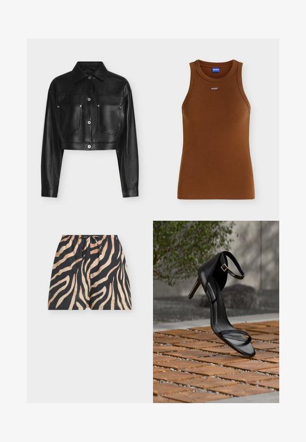 Veste en cuir noire raccourcie avec manches longues, fermeture par boutons, col pointu et deux poches poitrine avant sur fond blanc.; Débardeur marron côtelé sans manches avec encolure ronde et petit patch logo HUGO au centre devant sous le col.; Shorts zébrés noirs et fauves avec une ceinture élastique et un cordon de serrage à l'avant, présentés sur un fond clair uni.; Sandale noire à talon haut avec sangle à la cheville, suspendue au-dessus d'un sol en carreaux de bois à l'extérieur, avec un arrière-plan flou de verdure et de pierre.