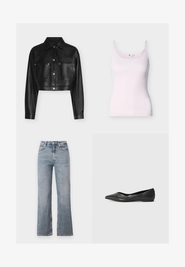 Sort opkortet læderjakke med lange ærmer, knaplukning, spids krave og to brystlommer foran mod hvid baggrund.; Lyserød ribstrikket camisole med tynde stropper og diskret Tommy Jeans-logo på brystet, vist på en hvid baggrund.; Lyseblå højttaljede jeans med lige ben, forreste knaplukning, lynlås og klassisk femlommedesign.; Sorte læder balletlejersko med spids tå, lav hæl og glat overflade. Minimalistisk design med en diskret sideaccent.