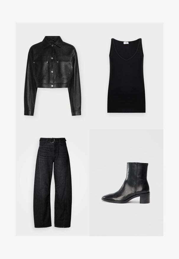 Zwarte cropped leren jas met lange mouwen, knoopsluiting, puntkraag en twee voorzakken op de borst tegen een witte achtergrond.; Zwart mouwloos tanktop met V-hals en zichtbare witte merklabel op de kraag tegen een effen lichte achtergrond.; Zwarte wijde spijkerbroek van denim met een tailleband en casual zakdetails. Heeft een ruwe rand aan de zoom en minimale stiksels.; Zwarte leren enkellaars met een puntige neus, lage blokhak en subtiele reliëflogo. Gladde textuur met een strak ontwerp en minimale stiksels.