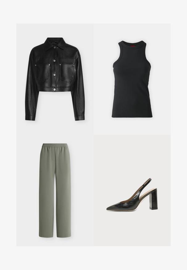 Veste en cuir noire raccourcie avec manches longues, fermeture par boutons, col pointu et deux poches poitrine avant sur fond blanc.; Débardeur sans manches noir en tissu extensible. Présente un col rond et une silhouette ajustée avec des détails de couture minimaux.; Pantalon ample vert olive avec taille élastique et tissu lisse, montré à plat sur fond blanc.; Chaussure slingback en cuir noir à bout pointu avec un talon bloc haut et une doublure intérieure beige sur un fond clair uni.