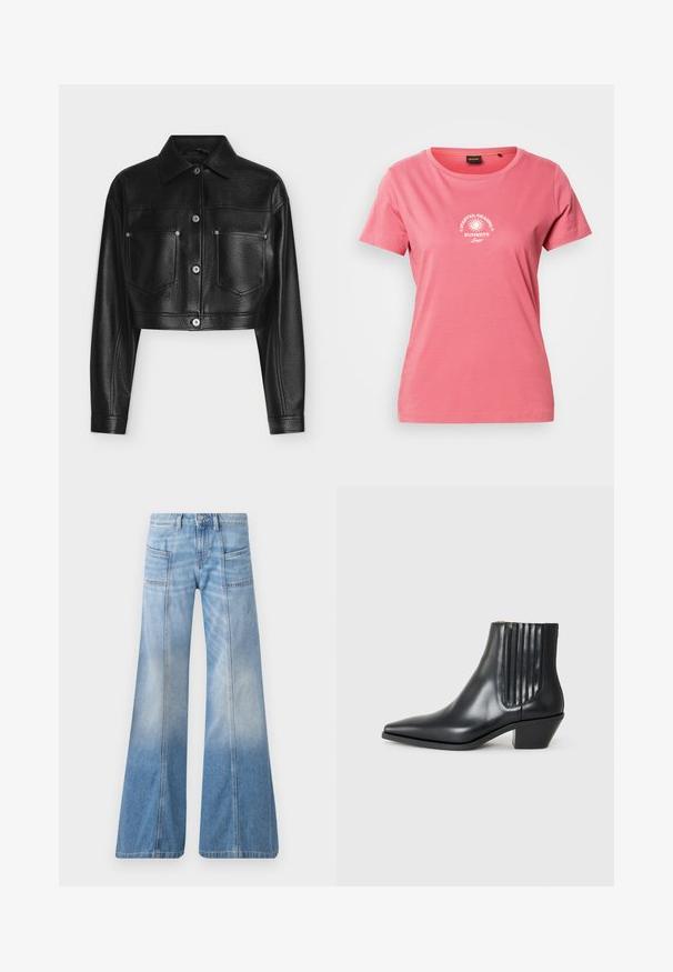 Chaqueta de cuero negra recortada con mangas largas, cierre de botones, cuello puntiagudo y dos bolsillos frontales en el pecho sobre un fondo blanco.; Camiseta de mujer rosa de manga corta con cuello redondo y gráfico de sol blanco con el texto "FOREVER CHASING SUNSETS" en el centro delantero.; Vaqueros acampanados de color azul claro hechos de mezclilla. Cuentan con una cintura alta, cuatro bolsillos y un efecto de degradado desvaído hacia el dobladillo.; Bota de cuero negra de tobillo con punta afilada, paneles laterales elásticos con ranuras verticales y un tacón bajo y cuadrado. Textura suave y diseño elegante.
