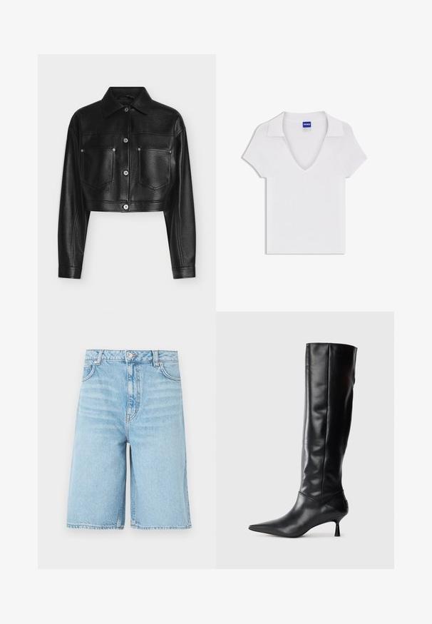 Schwarze gekürzte Lederjacke mit langen Ärmeln, Knopfverschluss, spitzem Kragen und zwei vorderen Brusttaschen vor weißem Hintergrund.; Weißes Kurzarmhemd mit V-Ausschnitt und weitem Kragen, aus strukturiertem Stoff gefertigt, mit einem blauen "HUGO"-Label im Nackenbereich.; Hellblaue Denim-Shorts knielang mit vorderer Knopfleiste, Reißverschluss, Gürtelschlaufen und Seitentaschen auf weißem Hintergrund.; Schwarze Lederstiefel bis zum Knie mit spitzem Zehenbereich und schmalem, geschwungenem Absatz. Glatte Textur, enganliegendes Design und keine sichtbaren Beschläge oder Muster.