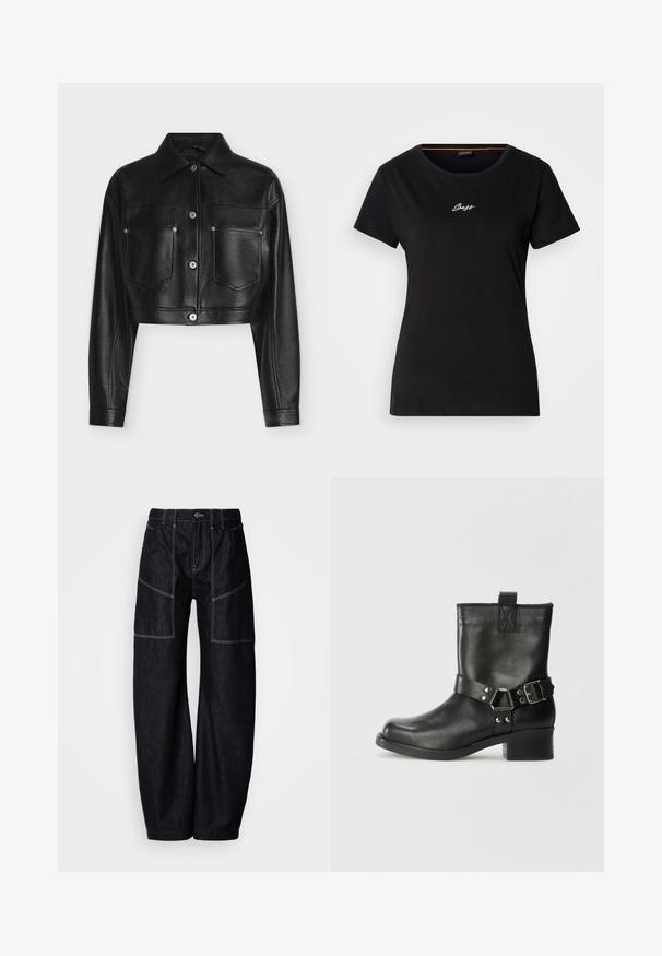 Zwarte cropped leren jas met lange mouwen, knoopsluiting, puntkraag en twee voorzakken op de borst tegen een witte achtergrond.; Zwart T-shirt met korte mouwen, gemaakt van katoen. Heeft een ronde halslijn en een wit geborduurd "Boss"-logo op de borst. Soepele textuur.; Donkere denim wijde broek met meerdere voorzakken, contrasterende stiksels en een knoopsluiting in de taille. Glad oppervlak en casual ontwerp.; Samsøe Samsøe SABRENTA - Cowboy-/Bikerlaarsjes - black