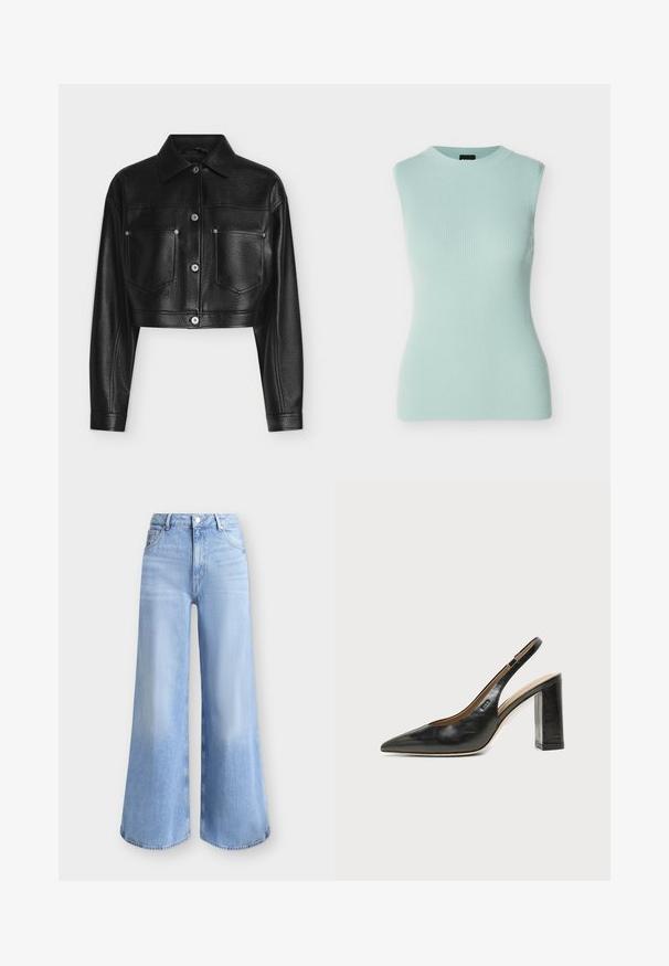 Veste en cuir noire raccourcie avec manches longues, fermeture par boutons, col pointu et deux poches poitrine avant sur fond blanc.; Haut sans manches en maille côtelée vert menthe pâle avec un col rond et une coupe ajustée sur un fond uni.; Jean denim bleu clair à coupe large, taille haute, bouton à l'avant, fermeture éclair et design cinq poches.; Chaussure slingback en cuir noir à bout pointu avec un talon bloc haut et une doublure intérieure beige sur un fond clair uni.