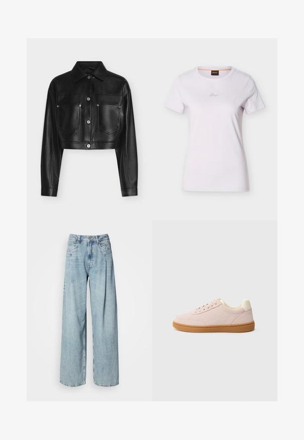 Zwarte cropped leren jas met lange mouwen, knoopsluiting, puntkraag en twee voorzakken op de borst tegen een witte achtergrond.; Witte T-shirt met korte mouwen en ronde hals, met een klein cursief logo in het midden van de borst en een zwart label met oranje rand aan de binnenkant van de kraag.; Lichtblauwe high-waisted wijde pijpen jeans met voorzakken, knoopsluiting en riemlussen tegen een plain witte achtergrond.; Lichtroze sneakers met een gestructureerd oppervlak, witte accenten en een bruine rubberen zool. Voorzien van een laag profiel en een rond neusontwerp.