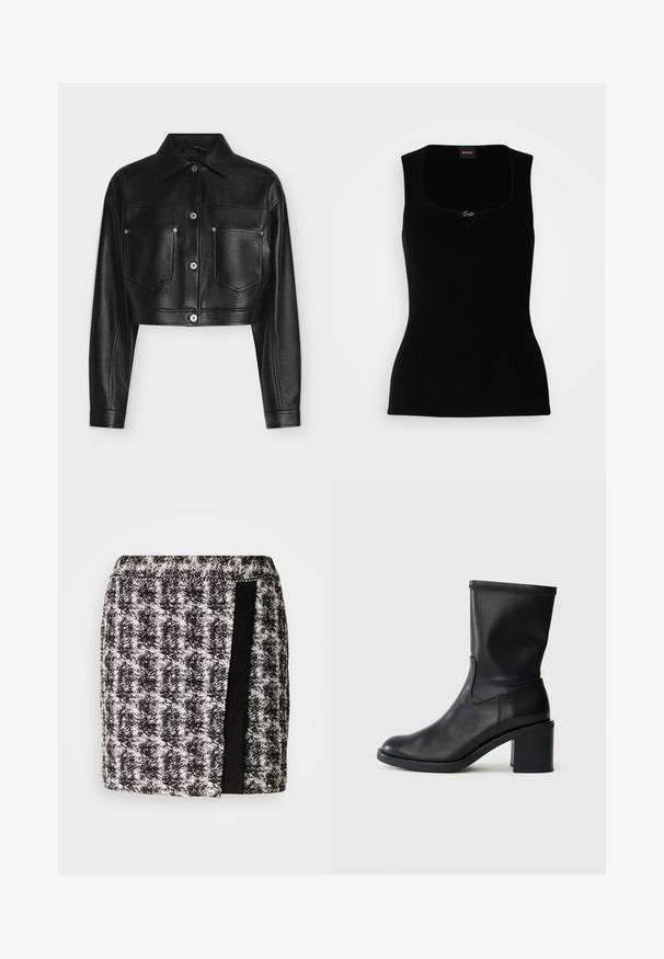 Veste en cuir noire raccourcie avec manches longues, fermeture par boutons, col pointu et deux poches poitrine avant sur fond blanc.; Débardeur noir côtelé avec un décolleté carré, arborant un petit logo en accent au centre. Confectionné dans un matériau doux et texturé.; Jupe à carreaux noir et blanc avec une taille élastique, présentant un panneau en tissu noir sur le côté. Longueur courte, tissu texturé.; Botte en cuir noir à cheville avec un bout rond, texture lisse et un talon épais, présentant un tige ajustée et un subtil détail de couture.