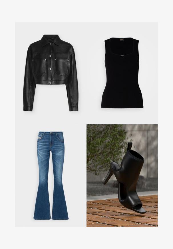 Veste en cuir noire raccourcie avec manches longues, fermeture par boutons, col pointu et deux poches poitrine avant sur fond blanc.; Débardeur noir côtelé avec un décolleté carré, arborant un petit logo en accent au centre. Confectionné dans un matériau doux et texturé.; Jean évasé en denim bleu moyen, avec une taille haute, un design à cinq poches et des détails de décoloration subtils au niveau des cuisses.; Chaussure mule noire à talon haut avec bout ouvert et côtés découpés, présentée en extérieur sur des lattes en bois avec un feuillage vert flou en arrière-plan.