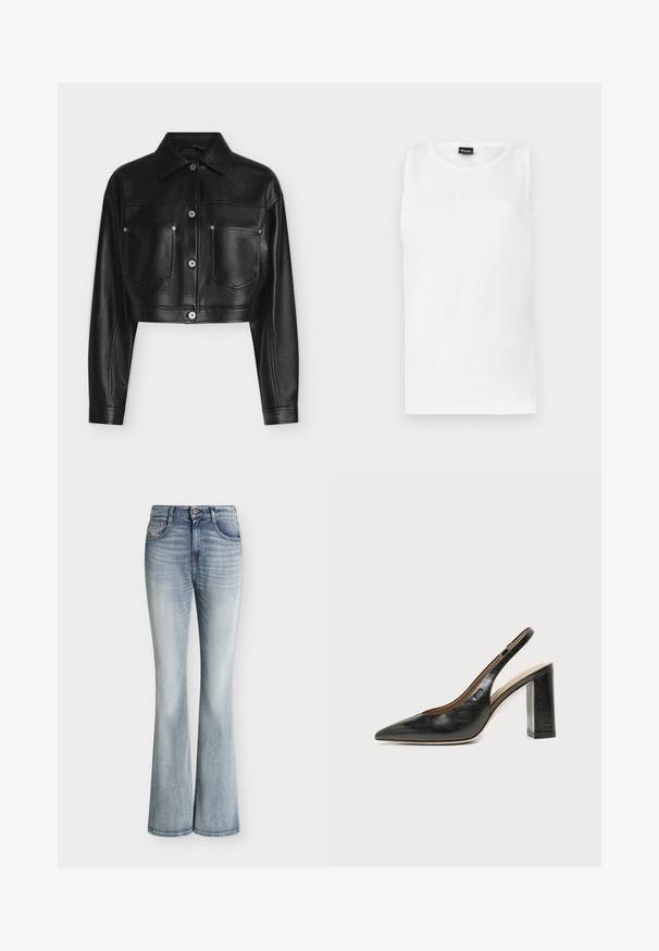 Veste en cuir noire raccourcie avec manches longues, fermeture par boutons, col pointu et deux poches poitrine avant sur fond blanc.; Débardeur blanc sans manches avec encolure ronde et petit logo embossé centré sous l'encolure.; Jean en denim bleu clair taille haute avec une légère évasement en bas et des détails délavés sur le devant des cuisses.; Chaussure slingback en cuir noir à bout pointu avec un talon bloc haut et une doublure intérieure beige sur un fond clair uni.