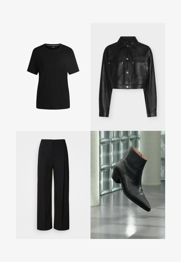 Veste en cuir noire raccourcie avec manches longues, fermeture par boutons, col pointu et deux poches poitrine avant sur fond blanc.; T-shirt noir à manches courtes en coton doux, avec un col rond et une texture lisse. Design simple sans motifs ni accents.; Pantalon noir taille haute à jambes larges avec une fermeture avant dissimulée, des coutures ajustées et un tissu lisse et structuré.; Bottine en cuir noir avec un bout pointu et un talon carré lévitant au-dessus d'un sol gris réfléchissant près d'un mur en blocs de verre.