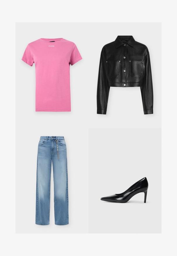 Veste en cuir noire raccourcie avec manches longues, fermeture par boutons, col pointu et deux poches poitrine avant sur fond blanc.; T-shirt rose vif à manches courtes avec encolure ronde et petit logo blanc "PINKO" centré près du col.; Jean bleu clair à jambes larges avec bouton et fermeture éclair à l'avant, poches avant, et chaîne décorative à perles suspendue à une boucle de ceinture.; Chaussure à talon haut en cuir noir avec un bout pointu, texture lisse et un talon effilé. Design minimaliste, sans embellissements supplémentaires.