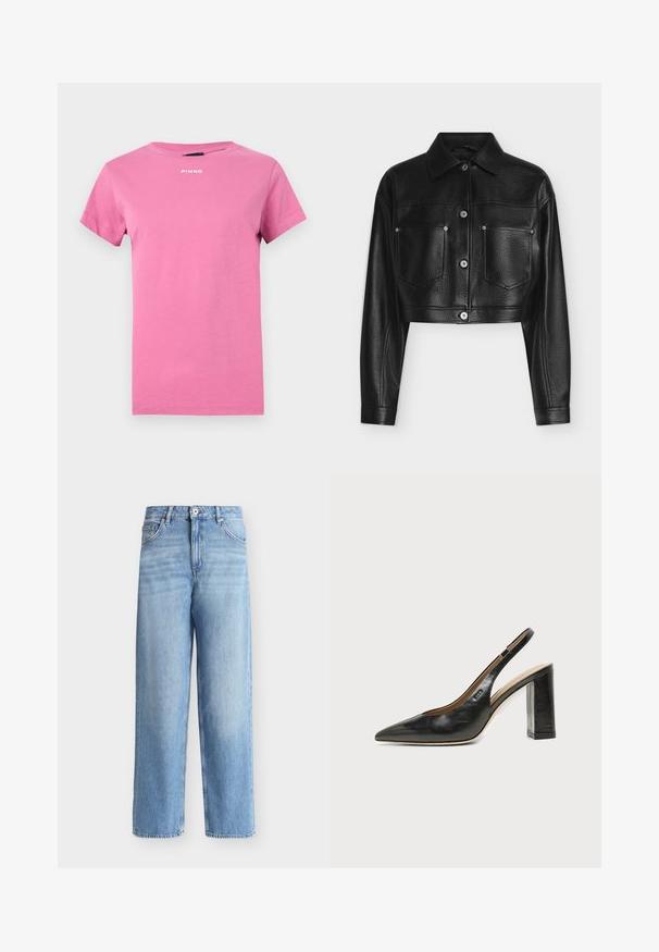 Veste en cuir noire raccourcie avec manches longues, fermeture par boutons, col pointu et deux poches poitrine avant sur fond blanc.; T-shirt rose vif à manches courtes avec encolure ronde et petit logo blanc "PINKO" centré près du col.; Jean bleu clair taille haute à jambes droites avec fermeture avant à boutons et zip, passants de ceinture et poches avant sur fond blanc.; Chaussure slingback en cuir noir à bout pointu avec un talon bloc haut et une doublure intérieure beige sur un fond clair uni.