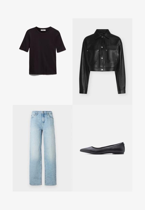 Schwarze gekürzte Lederjacke mit langen Ärmeln, Knopfverschluss, spitzem Kragen und zwei vorderen Brusttaschen vor weißem Hintergrund.; Schwarzes T-Shirt mit kurzen Ärmeln aus weicher Baumwolle, mit rundem Halsausschnitt und glatter, gleichmäßiger Textur in einem schlichten Design.; Hellblaue Jeans im weit geschnittenen Stil mit einem klassischen Fünf-Taschen-Design, Knopfverschluss und subtilen Ausbleichungen für Textur.; Schwarzer flacher Lederschuh mit spitzer Kappe und niedrigem Absatz, seitlich vor weißem Hintergrund gezeigt.
