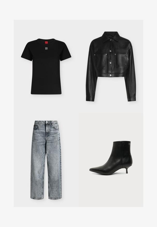 Veste en cuir noire raccourcie avec manches longues, fermeture par boutons, col pointu et deux poches poitrine avant sur fond blanc.; T-shirt noir à manches courtes avec col rond et logo blanc "HUGO" centré près du col, étiquette rouge à l'intérieur de l'encolure.; Jean taille haute à jambes droites en denim gris délavé avec poches avant, passants de ceinture et fermeture par bouton.; Bottine en cuir noir avec bout pointu et petit talon kitten sur fond clair, vue côté extérieur.