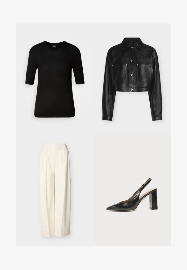 Veste en cuir noire raccourcie avec manches longues, fermeture par boutons, col pointu et deux poches poitrine avant sur fond blanc.; Pull noir à manches courtes en laine mérino fine. Encolure ronde, coupe ajustée, texture lisse, design minimal, sans motifs ni accents visibles.; Pantalon crème à taille haute et jambes larges avec plis devant, fermeture éclair avant dissimulée et passants pour ceinture.; Chaussure slingback en cuir noir à bout pointu avec un talon bloc haut et une doublure intérieure beige sur un fond clair uni.