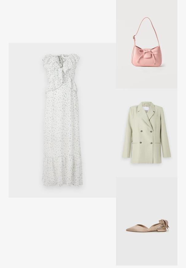 Blazer croisé en tissu vert clair. Présente des revers crantés, une poche poitrine et deux poches avant avec des boutons foncés.; Robe maxi florale blanche avec des imprimés bleus et verts. Elle présente des manches à volants, une taille froncée et un ourlet à volants. Tissu léger.; Chaussure slingback beige à bout pointu, en satin, avec un nœud décoratif à l'arrière et un talon plat. Design simple et élégant.; Petit sac bandoulière rose pastel avec sangle réglable et détail nœud à l'avant avec extrémités dorées sur un fond uni.