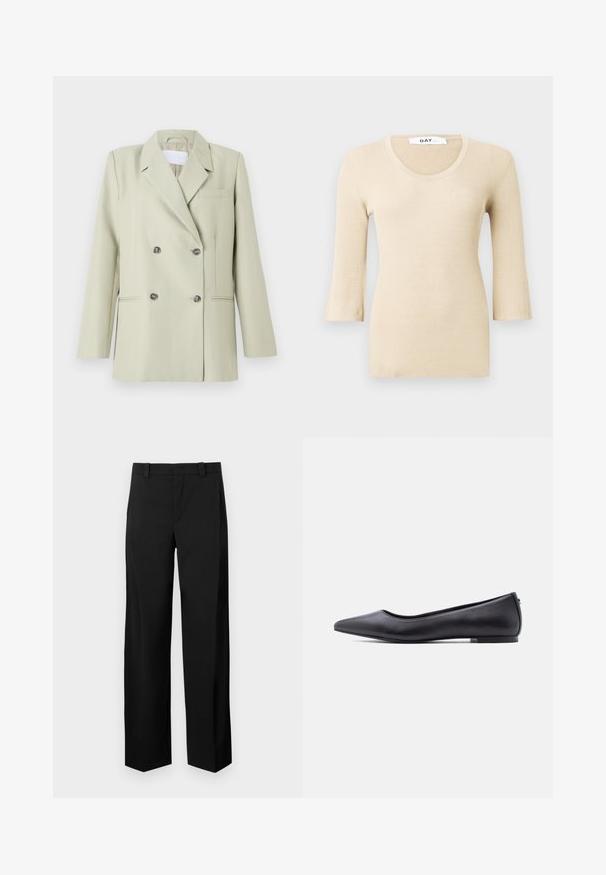 Dobbeltknappet blazer i lys grøn stof. Har notched revers, en brystlomme og to forlommer med mørke knapper.; Beige ribbet langærmet bluse med en rund halsudskæring. Teksturen er glat og tætsiddende. Udsvingede manchetter tilføjer en subtil designdetalje.; Sorte, brede bukser lavet af et glat, vævet stof. Har en flad front, bæltestropper og sidelommer for et skræddersyet udseende.; Sort flad lædersko med spidst tåparti og lav hæl, vist i sideprofil mod en hvid baggrund.