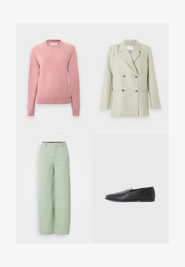 Blazer croisé en tissu vert clair. Présente des revers crantés, une poche poitrine et deux poches avant avec des boutons foncés.; Pull en maille rose pâle à col rond et manches longues, avec poignets et ourlet côtelés, présenté sur un fond clair uni.; Pantalons palazzo vert clair en tissu lisse. Présentent une taille plate, des passants de ceinture et une coupe ajustée sans matériel visible.; Mocassins en cuir noir à texture lisse, bout arrondi et détails de couture subtils. Ils présentent un accent logo doré sur le côté supérieur.