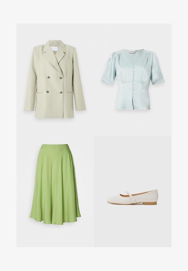Dobbeltknappet blazer i lys grøn stof. Har notched revers, en brystlomme og to forlommer med mørke knapper.; Lyseblå bluse med korte ærmer, V-hals, dækkede knapper foran, let puffede skuldre og detaljer med samlet talje.; Knælange, A-formede nederdel i levende grøn stof. Glat tekstur med bred talje og flydende silhuet.; Flade sko i blødt beige materiale med en spids tådesign. Har en dekorativ rem med hvide perledetaljer. Lav hæl.