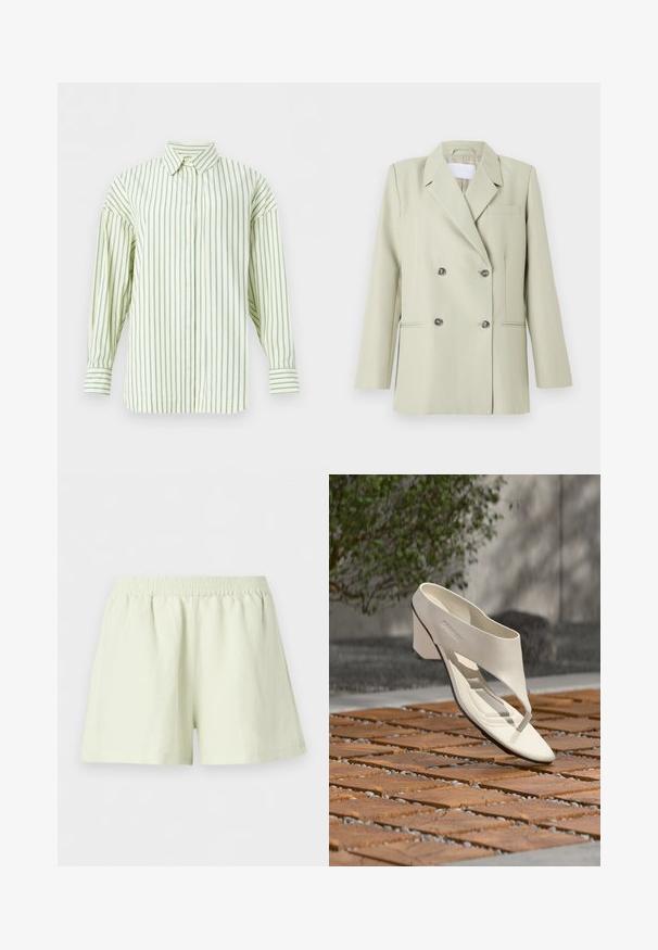Blazer croisé en tissu vert clair. Présente des revers crantés, une poche poitrine et deux poches avant avec des boutons foncés.; Chemise crème à manches longues avec fines rayures verticales bleues, fermeture avant à boutons et col pointu, présentée sur un fond blanc.; Shorts à taille élastique beige clair, coupe ample et design uni, présentés sur fond blanc.; Sandale à talon en cuir blanc avec une large bride et un entre-doigts, exposée en extérieur sur une surface carrelée en bois et en gravier avec de la verdure en arrière-plan.