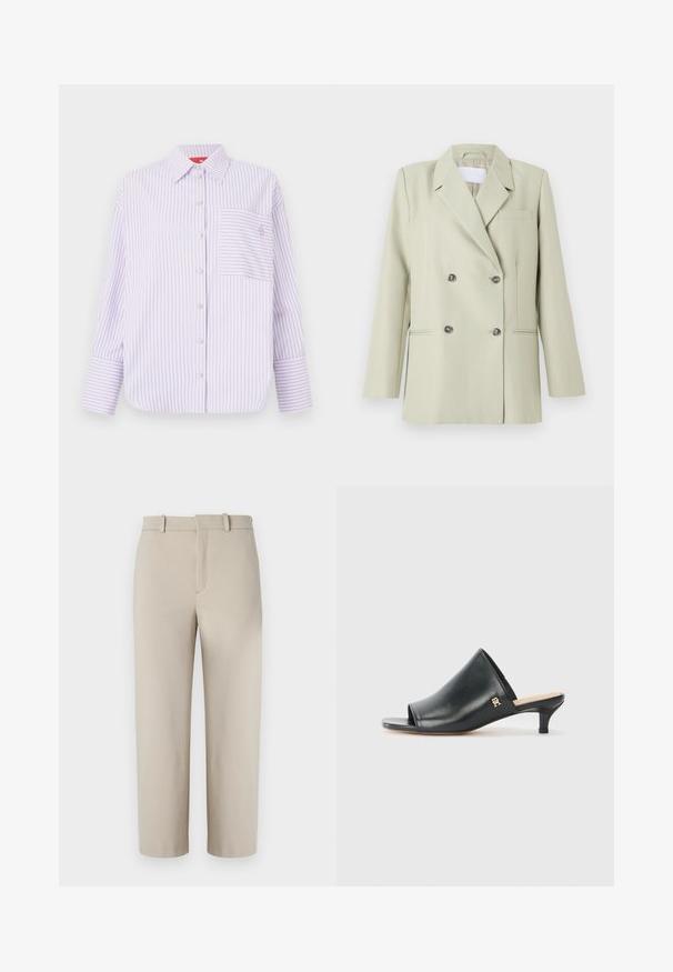 Dobbeltknappet blazer i lys grøn stof. Har notched revers, en brystlomme og to forlommer med mørke knapper.; Lys lilla skjorte med knapper og lodrette striber, enkelt brystlomme og krave. Har lange ærmer med brede manchetter og et diskret logo.; Beige cropped bukser, skræddersyet design, flad foran med skjult lynlås, to sidelommer, lavet af glat bomuldsblandet stof.; Sorte læder open-toe mules med en lav hæl. Har en glat overflade og et guld logo-prim på siden.