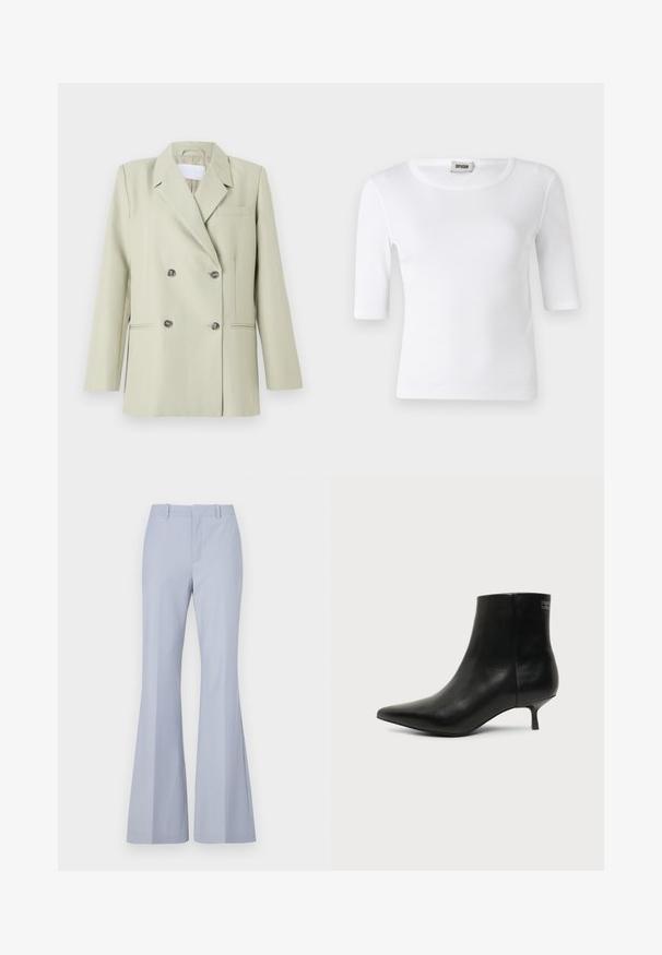 Dobbeltknappet blazer i lys grøn stof. Har notched revers, en brystlomme og to forlommer med mørke knapper.; Hvid ribbet T-shirt med rund halsudskæring og ærmer til albuerne. Fremstillet af blødt stof med en glat overflade. Etiketten er synlig ved halsudskæringen.; Lyseblå flared bukser med en glat tekstur, der har en flad front, to sidelommer og et rent liv.; Sort læder ankelstøvle med spids tå og lav kitten hæl på lys baggrund, der viser yderside.