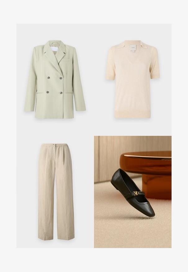 Blazer de doble botonadura en tejido verde claro. Presenta solapas con muesca, un bolsillo en el pecho y dos bolsillos frontales con botones oscuros.; Camisa polo de manga corta color crema, confeccionada con una tela suave, que presenta un escote en V y un diseño de cuello sutil.; Pantalones de pierna ancha beige, hechos de una tela suave, con una cintura elástica fruncida y un cierre con botón en la parte delantera. Textura suave con pliegues.; Zapato plano de cuero negro con puntera puntiaguda y logo dorado de CK en la correa, colocado sobre una alfombra beige cerca de una mesa redonda marrón ámbar.