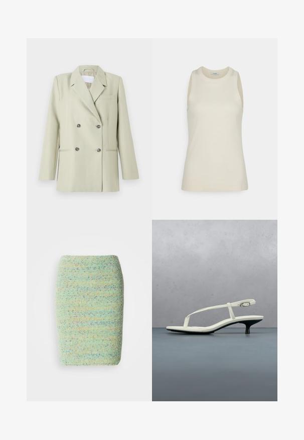 Dobbeltknappet blazer i lys grøn stof. Har notched revers, en brystlomme og to forlommer med mørke knapper.; IVY OAK KLARA ANN - Top - almond milk; Knelang nederdel lavet af struktureret, pletret stof i pastelfarvet grøn med nuancer af blå, orange og lilla.; Hvid sandal med stropper og kitten-hæl med spids tå, svævende over et trægulv udendørs med en sløret plante og væg i baggrunden.