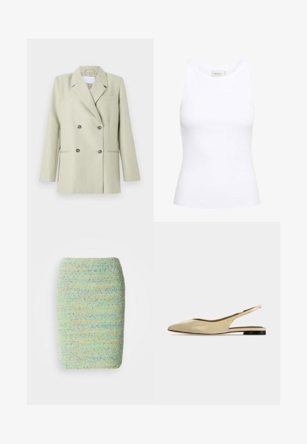 Dobbeltknappet blazer i lys grøn stof. Har notched revers, en brystlomme og to forlommer med mørke knapper.; Hvid ribbet tanktop med rund halsudskæring og uden ærmer. Strækbart stof og tætsiddende design. Etiketten bagpå viser "GESTUZ."; Knelang nederdel lavet af struktureret, pletret stof i pastelfarvet grøn med nuancer af blå, orange og lilla.; Beige spids tå slingback flad sko med lav sort hæl og en glat læderfinish, vist fra siden på en ensfarvet baggrund.
