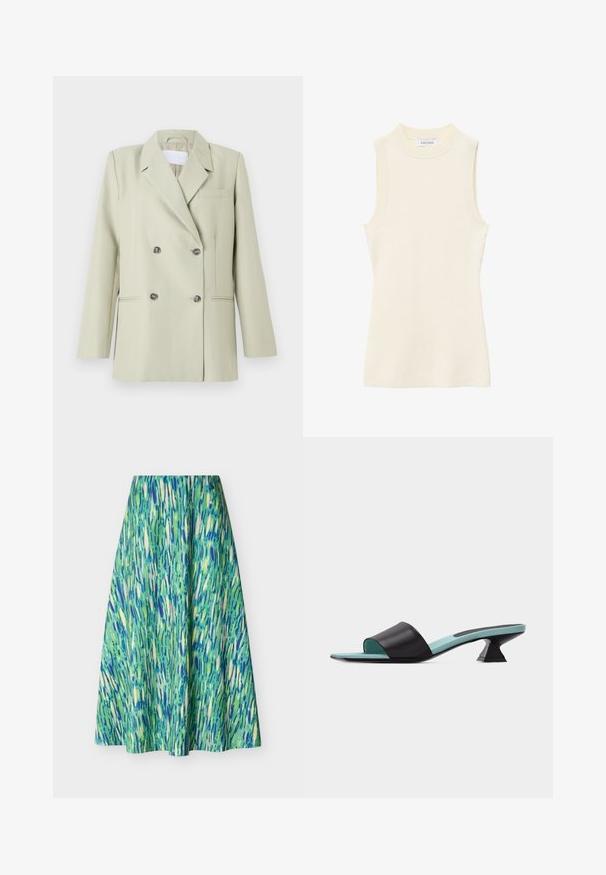 Blazer croisé en tissu vert clair. Présente des revers crantés, une poche poitrine et deux poches avant avec des boutons foncés.; Top sans manches en maille côtelée crème avec col rond montant et silhouette ajustée.; Jupe midi évasée avec motif abstrait de coups de pinceau dans des nuances de vert, bleu et crème sur fond blanc.; Mule noire à bout ouvert avec une large bride, semelle intérieure turquoise et un talon bloc court à forme unique sur fond blanc.