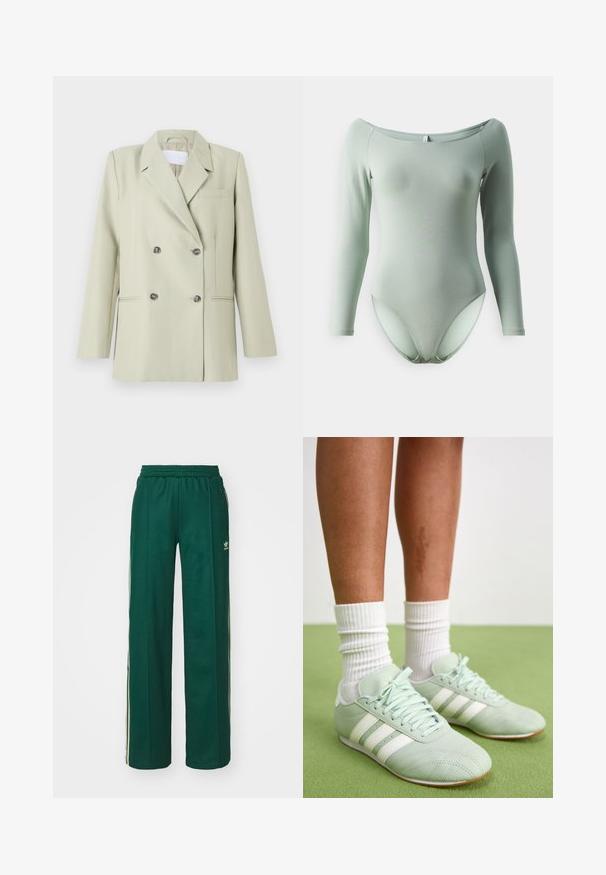 Dobbeltknappet blazer i lys grøn stof. Har notched revers, en brystlomme og to forlommer med mørke knapper.; Lysegrøn langærmet bodystocking med off-the-shoulder halsudskæring. Glat stof, tætsiddende facon og højtudskårne benåbninger.; Mørkegrønne træningsbukser med en afslappet pasform, der har snor i taljen, sidelommer og cremefarvede striber langs siderne.; Mintgrønne sportssko med hvide striber, glat lædertekstur, afrundet tå og gummi sål, parret med hvide ribbede sokker.