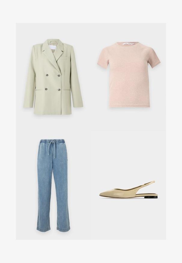 Doppeltknopfblazer aus hellgrünem Stoff. Mit Reverskragen, einer Brusttasche und zwei Fronttaschen mit dunklen Knöpfen.; Helles pinkes T-Shirt mit kurzen Ärmeln aus Rippstoff, mit Rundhalsausschnitt und lockerer Passform. Einfaches und nahtloses Design.; Helle blaue Jeans mit elastischem Bund, Kordelzug und aufgerollten Säumen. Gerades Bein mit lässiger Passform.; Beiger Slingback-Ballerina mit spitzer Kappe, niedrigem schwarzem Absatz und glattem Lederfinish, seitlich auf einfarbigem Hintergrund gezeigt.
