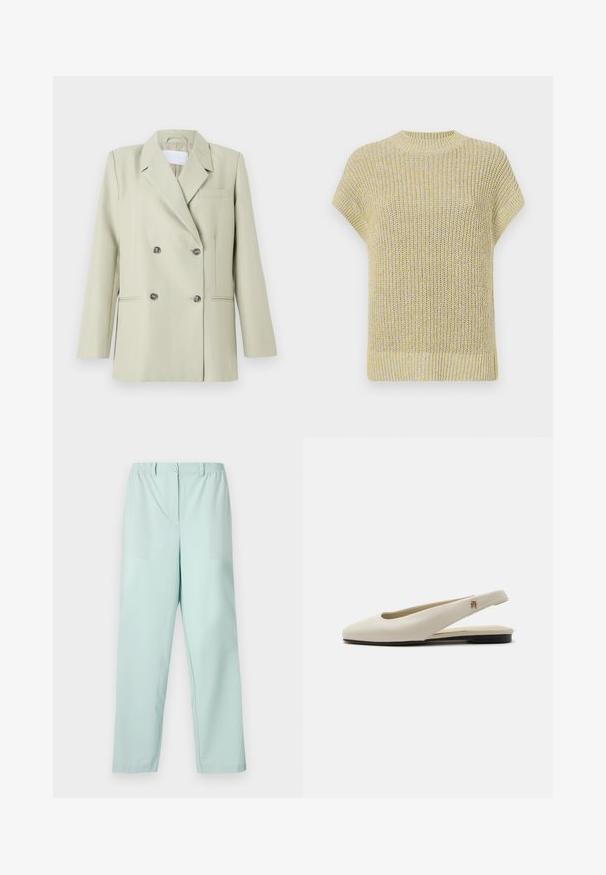 Blazer croisé en tissu vert clair. Présente des revers crantés, une poche poitrine et deux poches avant avec des boutons foncés.; Haut en tricot à manches courtes de couleur jaune clair avec de subtils éclats gris. Doté d'un col rond à côtes et d'un tissu texturé avec une coupe décontractée.; Pantalons vert menthe clair avec une taille élastique, une fermeture à bouton à l'avant, deux poches avant et des jambes droites. Texture de tissu lisse.; Chaussure plate slingback en cuir couleur crème avec un bout arrondi et un petit emblème doré sur la bride.