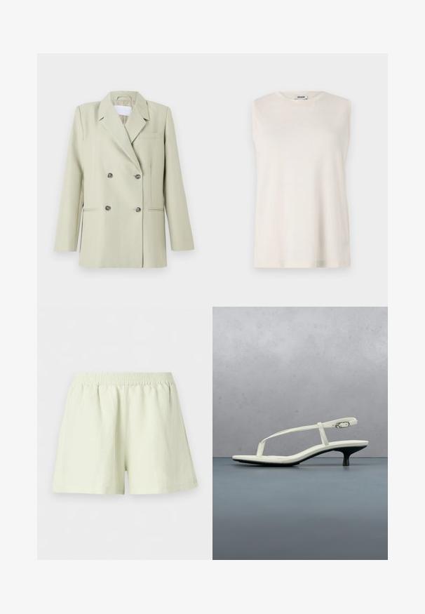 Blazer croisé en tissu vert clair. Présente des revers crantés, une poche poitrine et deux poches avant avec des boutons foncés.; Top sans manches en tissu beige clair, avec un col rond et une coupe décontractée. Texture lisse sans embellissements ni motifs.; Shorts à taille élastique beige clair, coupe ample et design uni, présentés sur fond blanc.; Sandale blanche à talon kitten avec des lanières et un bout pointu, flottant au-dessus d'un sol en carrelage en bois en plein air avec un arrière-plan flou de plante et de mur.
