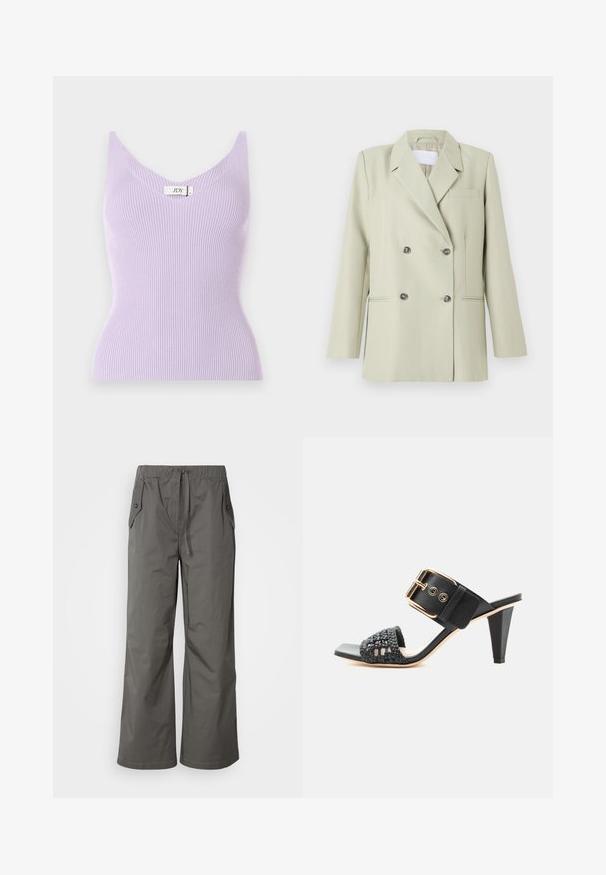 Blazer croisé en tissu vert clair. Présente des revers crantés, une poche poitrine et deux poches avant avec des boutons foncés.; Haut sans manches lilas à côtes avec un col en V et une coupe ajustée. Le matériau semble doux avec des détails de texture verticale. Étiquette de marque visible.; Pantalons gris à jambes larges en tissu léger, dotés d'une taille élastique, d'un cordon de serrage et de deux poches latérales avec des accents en bouton.; Sandale noire à talon haut avec bride avant tissée et large bride à la cheville ornée d'une grande boucle dorée sur fond blanc.